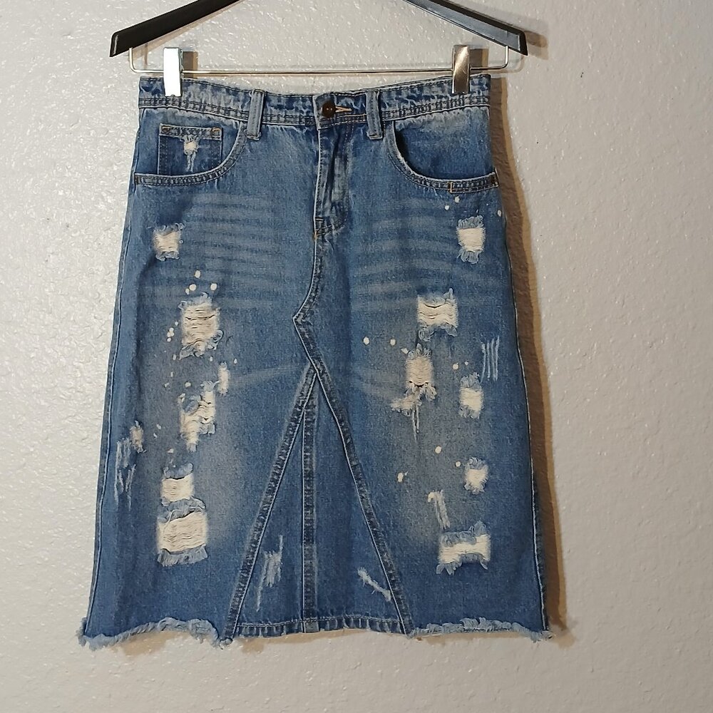 Distressed Denim Skirt